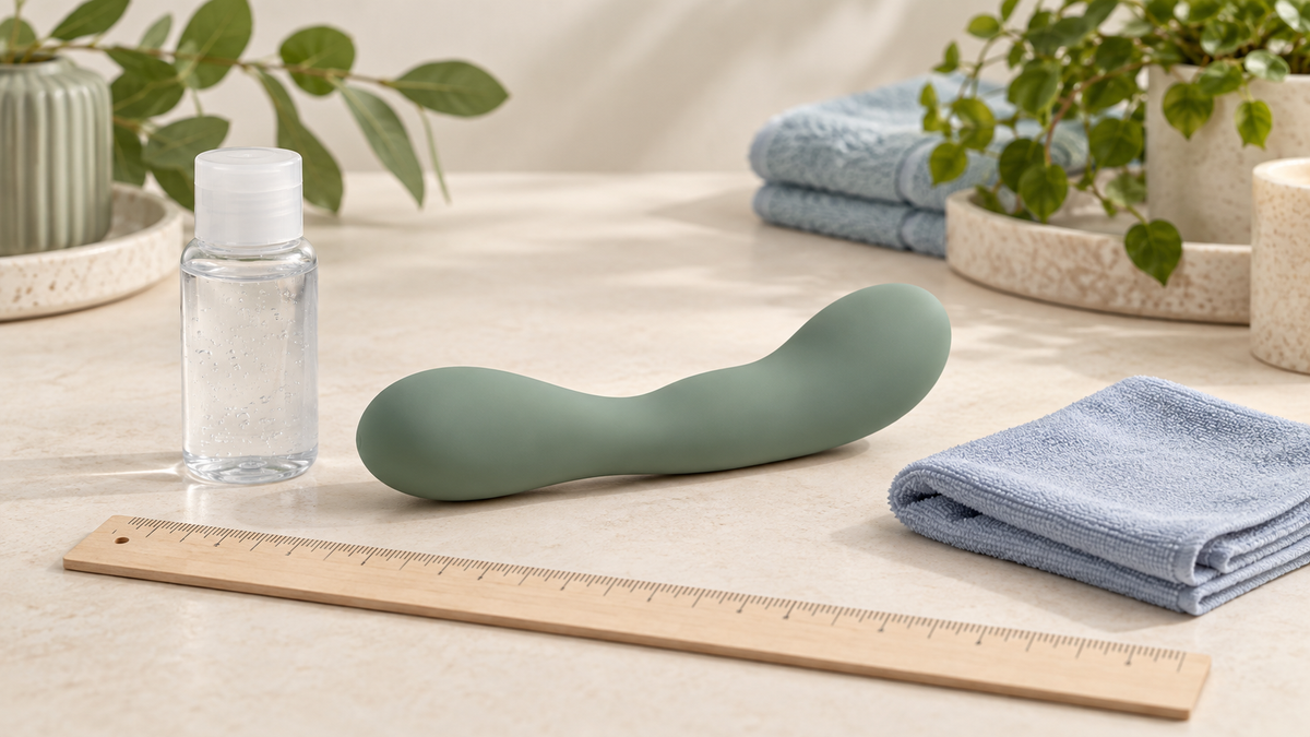 Dildo seçimi ve bakımı için temsili ürün, kayganlaştırıcı, havlu ve cetvel