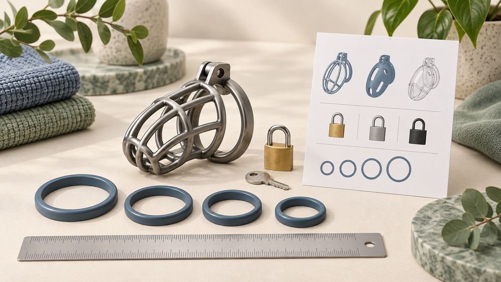 Penis kafesi seçimi için temsili metal kafes, farklı ölçü halkaları, kilit ve cetvel