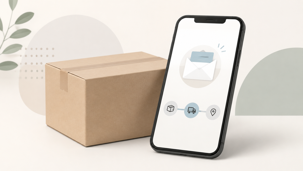 Sade kargo paketi ve e-posta ile gönderi takibini simgeleyen temsili telefon görseli
