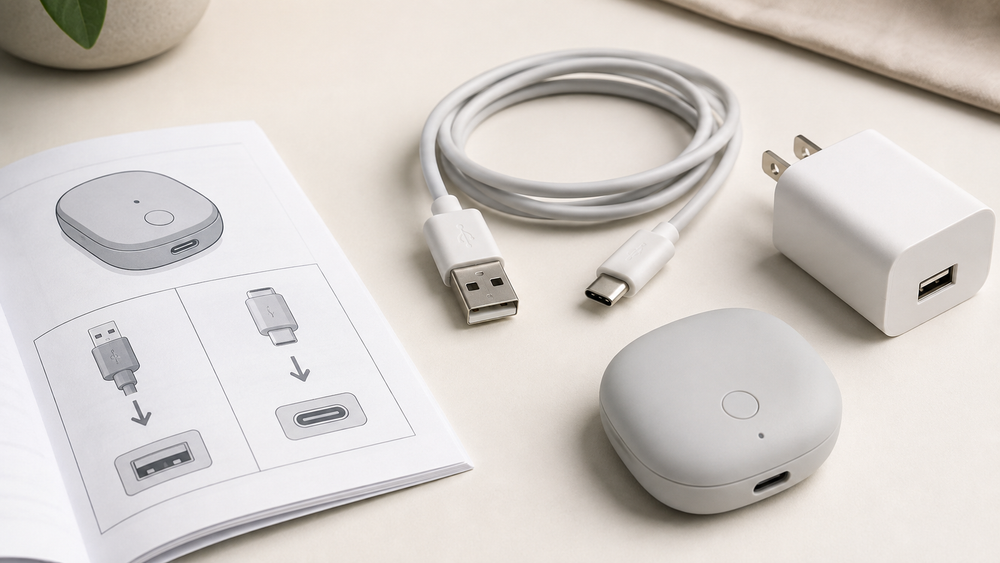 USB kablosu, güç adaptörü ve genel bir elektronik cihazı gösteren temsili şarj görseli