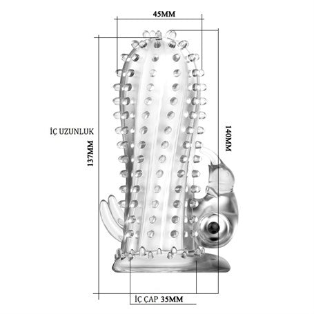 14 cm Titreşimli Şeffaf Tırtıklı Penis Kılıfı - B1057