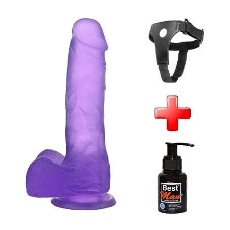 17,5 cm Belden Bağlamalı Şeffaf Realistik Damarlı Vantuzlu Mor Dildo Penis - LV3101MB