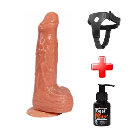 18 cm Belden Bağlamalı 360° Oynar Başlı Vibratör Penis + Kemer + Kayganlaştırıcı Hediyeli - BDM1010B