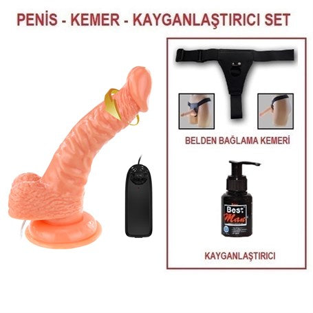 19 cm Belden Bağlamalı Gerçekçi Titreşimli Dildo Vibratör Penis Set - BDM8082B
