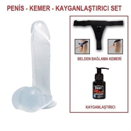 19 cm Belden Bağlamalı Şeffaf Realistik Damarlı Vantuzlu Dildo Penis - BDM0871B