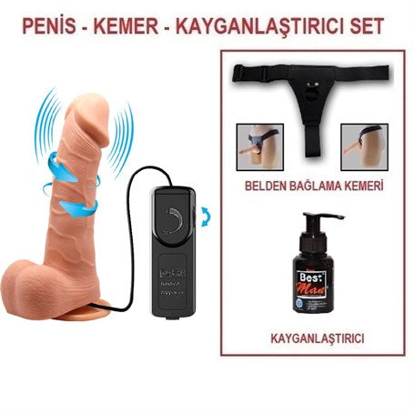 20 cm Kumandalı Belden Bağlamalı 360° Oynar Başlı Titreşimli Vibratör Realistik Penis Vibratör - BDM8015B