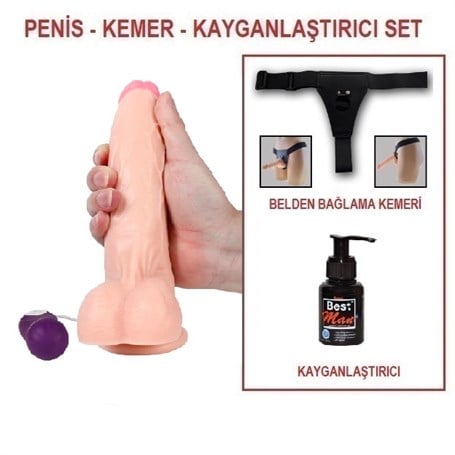 20,5 cm Belden Bağlamalı Titreşimli Realistik Dildo Penis Set - BDM10017VB