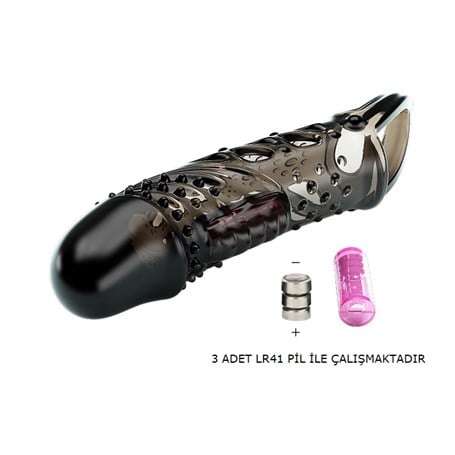 2,5 cm Dolgu Uzatmalı Titreşimli Zenci Penis Kılıfı Prezervatif Vibratör - BDM2642