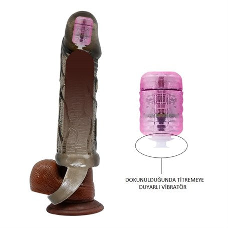 3 cm Dolgu Uzatmalı Titreşimli Zenci Penis Kılıfı Prezervatif Vibratör - BDM2616