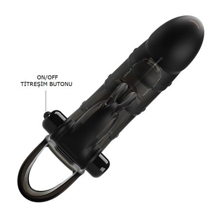 4 cm Dolgu Uzatmalı 10 Titreşimli Zenci Penis Kılıfı Prezervatif Vibratör - BDM2639