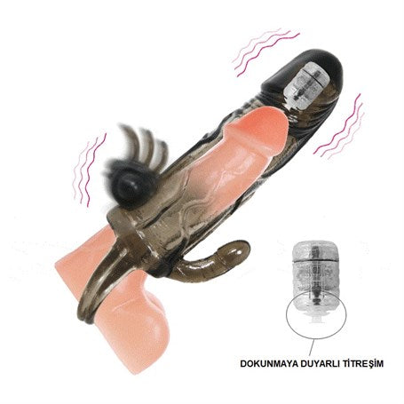 4 cm Uzatmalı Anal Vajinal ve Klitoral Uyarıcılı Titreşimli Penis Kılıfı - B1208