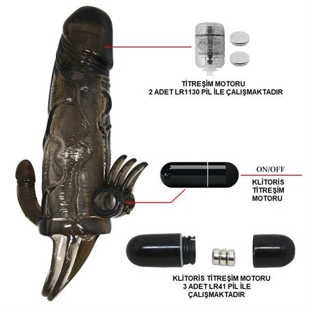 4 cm Uzatmalı Anal Vajinal ve Klitoral Uyarıcılı Titreşimli Penis Kılıfı - B1208