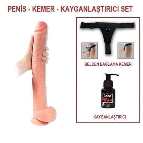 43 cm Belden Bağlamalı Realistik Penis Gerçekçi Damarlı Dev Dildo Set - BDM10034B