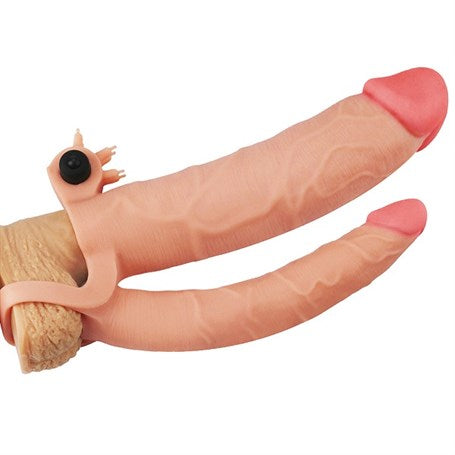 7,5 cm Uzatmalı Çiftli İçi Boş Titreşimli 21 cm Çatal Dildo Penis Kılıfı - LV314102