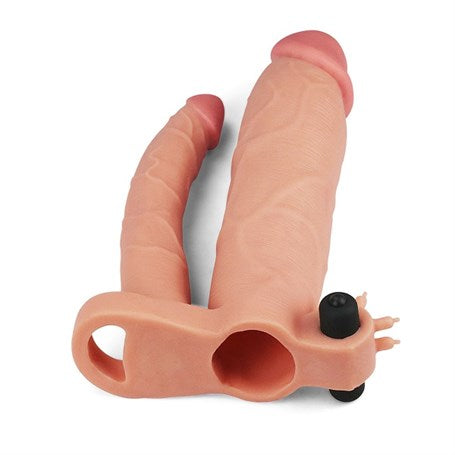 7,5 cm Uzatmalı Çiftli İçi Boş Titreşimli 21 cm Çatal Dildo Penis Kılıfı - LV314102