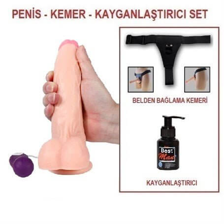 20,5 cm Belden Bağlamalı Titreşimli Realistik Dildo Penis Set - BDM10017VB