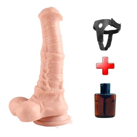Belden Bağlamalı 33 cm Et Dokulu Gerçekçi Çift Katmanlı Sünnetsiz Silikon Penis - Horse Power 2 - BDM1582B