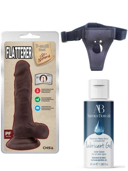 Censan Belden Bağlamalı Kayganlaştırıcı Set Flatterer Kıkırdaklı Gerçekçi Dildo - 18.6cm Zenci - C-CH7302SET