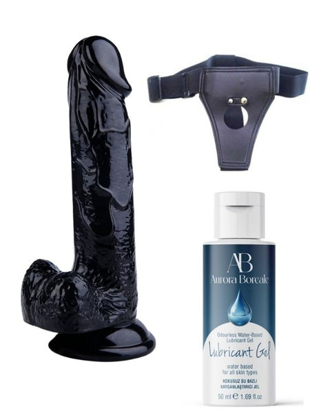 Censan Belden Bağlamalı Kayganlaştırıcı Set Noctis 20cm Siyah Dildo No:17 - C-7715SET