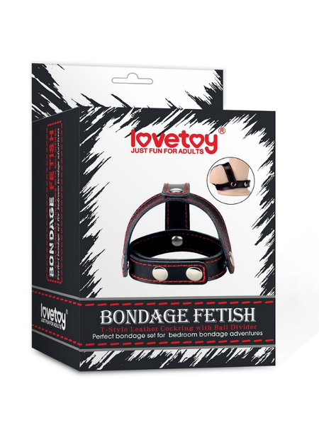 Censan Bondage Fetish T-Style Leather Cockring With Ball Divider - C-LV761005