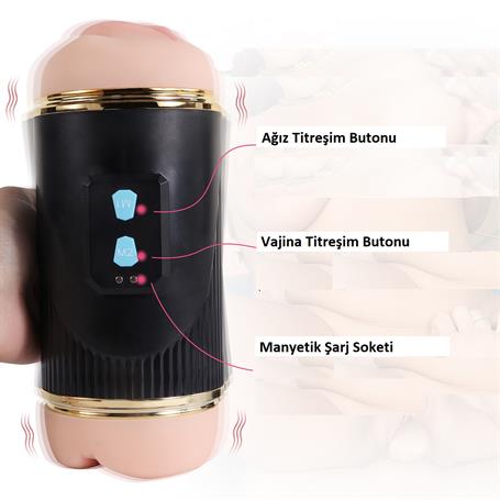 Çift Taraflı Fener Tipi Titreşimli Realistik Suni Vajinal ve Oral Mastürbatör - Kay - BDM1298