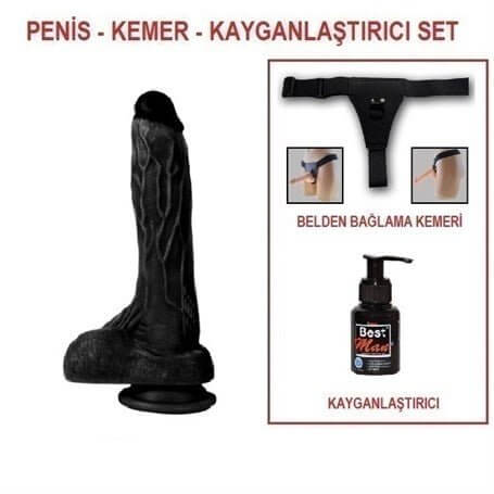 20,5 cm Belden Bağlamalı Realistik Dildo Zenci Penis Set - BDM10030B