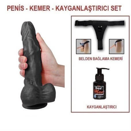 23,5 cm Belden Bağlamalı Realistik Dildo Zenci Penis Set - U6103SB