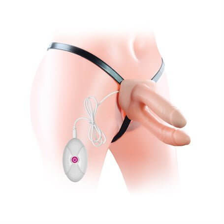 Belden Bağlamalı Titreşimli 12,5 cm İçi Boş İkili Çatal Strapon Penis - LV3006