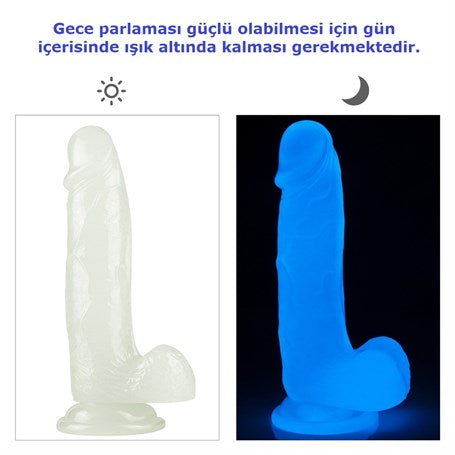 Gece Parlayan Fosforlu Belden Bağlamalı 19 cm Realistik Vantuzlu Şeffaf Dildo Penis - LV319020B