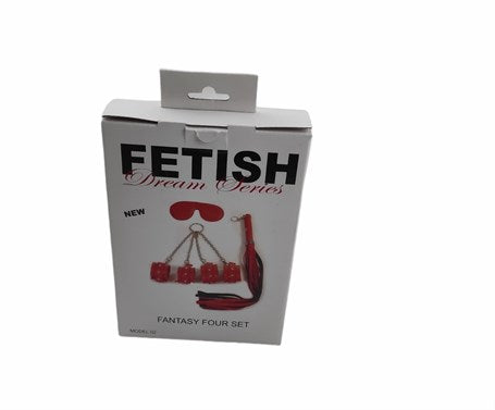 Kırmızı Fetish Fantezi Seti - 4'lü Kelepçe Kırbaç Göz Bandı - BDMF002K