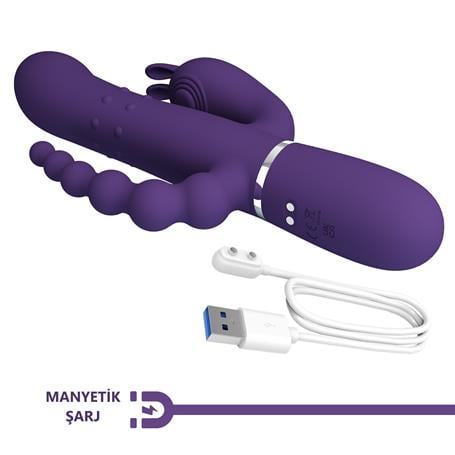 Manyetik Şarjlı Oynar Gövdeli Klitoral & Anal Uyarıcılı Teknolojik Vibratör Penis - BDM1385