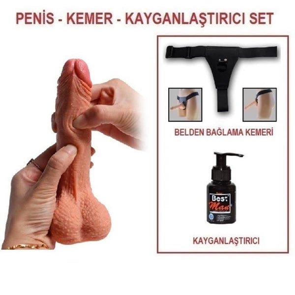 18,5 cm Belden Bağlamalı Çift Katmanlı Realistik Dildo Penis Set - FA-6135B