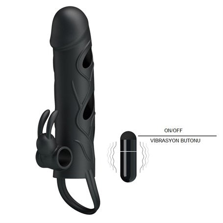 Titreşimli Klitoral Uyarıcılı Uzatmalı Penis Kılıfı Zenci Penis - B1217