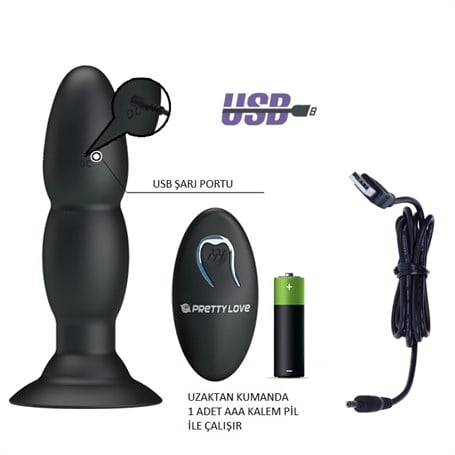 USB Şarjlı 4 Titreşim ve 4 Yuvarlanma Modlu Uzaktan Kumandalı Vibratör ve Anal Plug - BDM4052