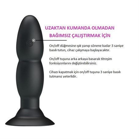 USB Şarjlı 4 Titreşim ve 4 Yuvarlanma Modlu Uzaktan Kumandalı Vibratör ve Anal Plug - BDM4052