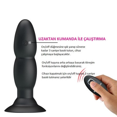 USB Şarjlı 4 Titreşim ve 4 Yuvarlanma Modlu Uzaktan Kumandalı Vibratör ve Anal Plug - BDM4052