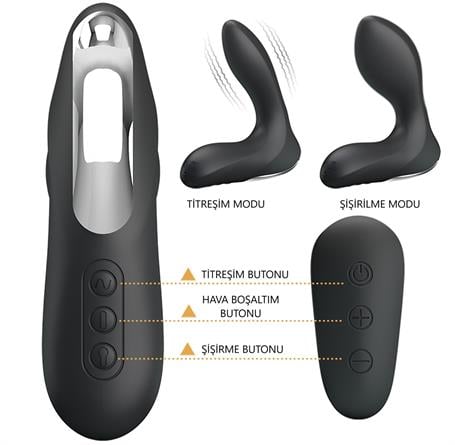 USB Şarjlı Uzaktan Kumandalı 12 Modlu Şişirilebilir Titreşimli Prostat Vibratör ve Anal Plug Siyah - BDM1379