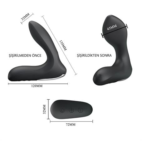 USB Şarjlı Uzaktan Kumandalı 12 Modlu Şişirilebilir Titreşimli Prostat Vibratör ve Anal Plug Siyah - BDM1379