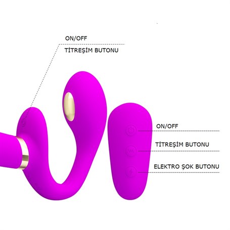 USB Şarjlı Uzaktan Kumandalı Elektro Şoklu Çift Taraflı Strapon Teknolojik G-Spot Vajinal Vibratör - BDM2268