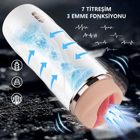 USB'den Şarjlı 3 Emme ve Güçlü 7 Titreşim Fonksiyonlu Realistik Masturbatör - Riley - BDM1620