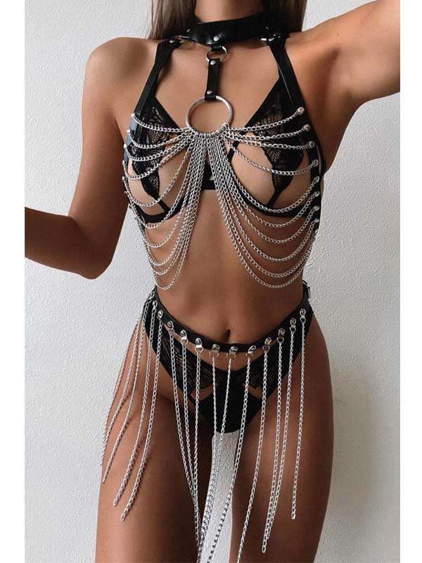 Zincirli Boyun Tasmalı Harness Set - C-FD389